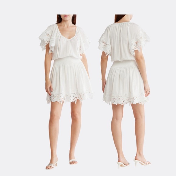 Ramy Brook Jacy Lace Trim Dress NWT Women's M Short Sleeve V-Neck Smocked $465 - Picture 1 of 7